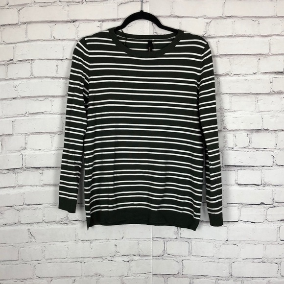 Renee C green white striped long sleeve brown patch elbow sweater size Medium - Picture 1 of 6